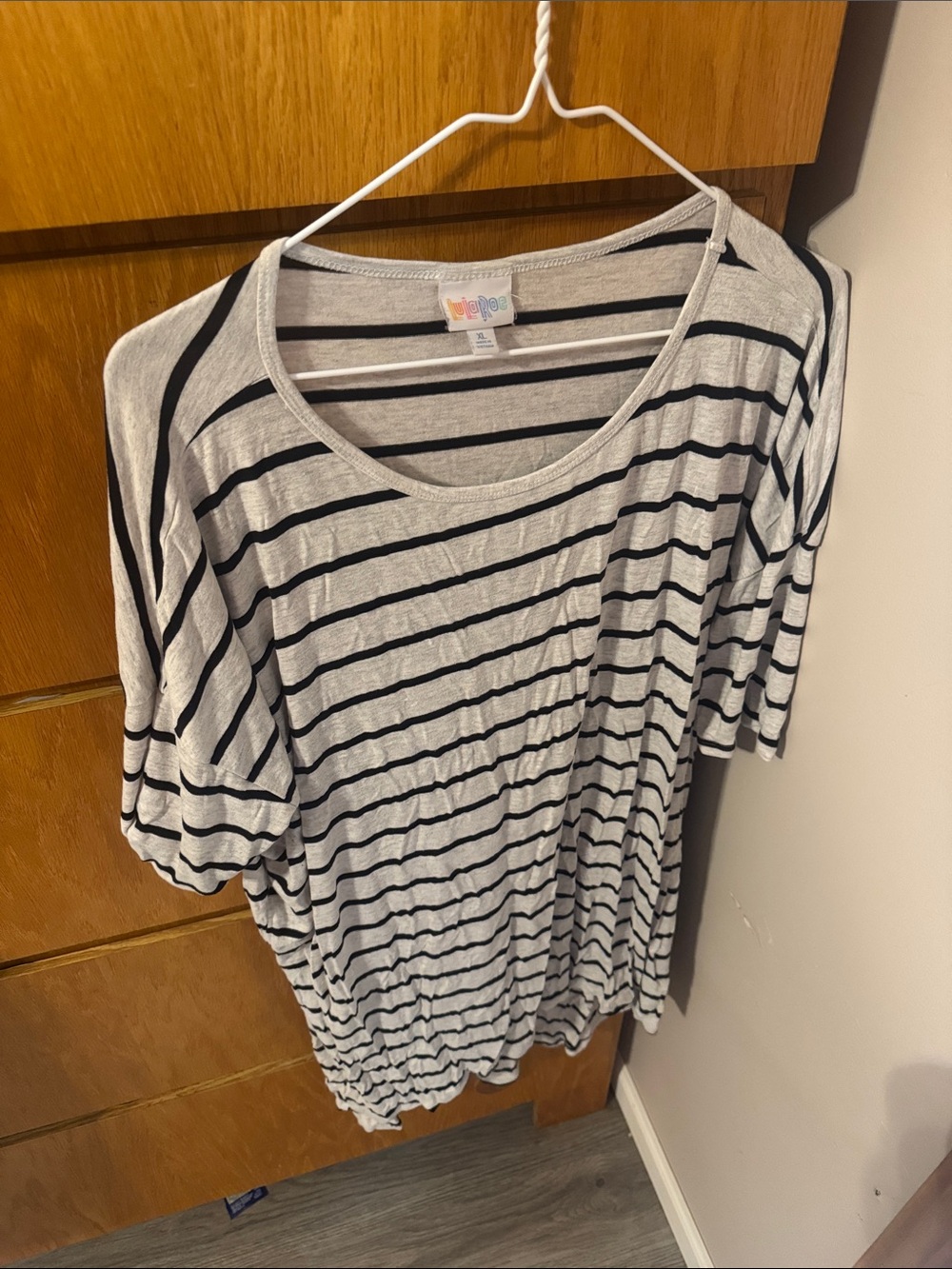 LuLaRoe Black and Cream Striped Short Sleeve Scoop Neck Tee